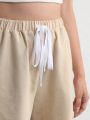 SHEIN Leisure Natrural & Comfy Cotton Elastic Drawstring Lounge Shorts - Khaki