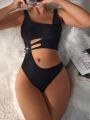 SHEIN Swim Y2GLAM Women'S Pure Color Hollow Out One-Piece Swimsuit