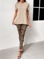 EMERY ROSE Women's Round Neck Short Sleeve Printed Color Block Long Pants Two Piece Set