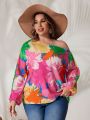 SHEIN VCAY Plus Size Flower Pattern Irregular Collar Lantern Sleeve Shirt