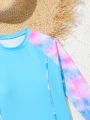 Teenage Girls' Tie-Dye Printed Raglan Sleeve Long Sleeve And Shorts Swimsuit Set
