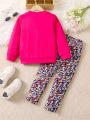 SHEIN Kids CHARMNG Little Girls' Butterfly Printed Sweatshirt And Shiny Pants Set With Bowknot Detail