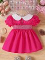 Baby Girl Floral Embroidery Doll Collar Polka Dot Short Bubble Sleeve Dress