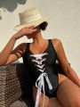 SHEIN Swim SXY Lace-Up Backless One-Piece Swimsuit