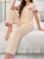 Star Embroidered Short-Sleeve Top And Long Pants Pajama Set