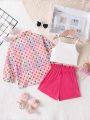 SHEIN Kids Nujoom Toddler Girls' Summer Holiday Style 3pcs/Set, Including Long Sleeve Shirt, Simple Vest, Fashionable Shorts