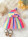 Colorful Striped Halter Neck Baby Girl Dress With Waist Belt, Bowknot Detail