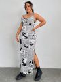 SHEIN Coolane Plus Size Women's Newspaper Print Split Hem Cami Dress