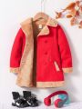 SHEIN Kids FANZEY Young Girl Double Breasted Fuzzy Lined Overcoat