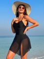 SHEIN Swim Classy Women'S One-Piece Swimsuit With Mesh Knot Detailing On The Chest