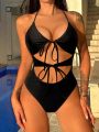 SHEIN Swim BAE Women'S Halter Neck One-Piece Swimsuit