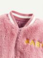 Cozy Cub Baby Girl Letter Embroidery Colorblock Striped Trim Fleece Bomber Jacket