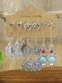 36pairs Bohemian Style Antique Silver Geometric Shaped Alloy & Multicolor Beaded Drop Earrings Set For Women