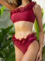 SHEIN Swim Vcay Women's One Shoulder Ruffle Trim Cutout Bikini Swimsuit Set