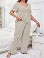 Plus Size Notch Neck Short Sleeve T-Shirt And Long Pants Pajama Set