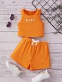 SHEIN Baby Letter Graphic Tank Top & Tie Front Shorts