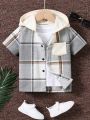 SHEIN Kids Academe Boys' Plaid Colorblock Hooded Shirt