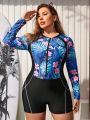 SHEIN Swim SPRTY Plus Size Long Sleeve One Piece Swimsuit With Tropical Print