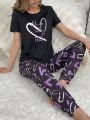 Irregular Heart Pattern Short Sleeve And Long Pants Home Suit