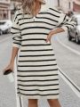 SHEIN Frenchy Women's Zipper Half Placket Striped Sweater Dress