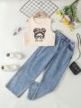 Girls' Fashionable & Cool Leopard Print 2pcs Daily Outfit