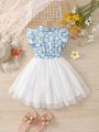 SHEIN Kids CHARMNG Young Girl's Collared Flying Sleeve Dress With Flower Pattern Mesh Hem