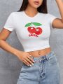 SHEIN PETITE Cherry Graphic Short Sleeve T-shirt