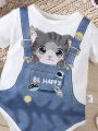 Baby Girls' Fashionable Casual Bib Cat Jumpsuit With Print Design, False Two Pieces