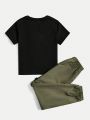 SHEIN Kids HYPEME Tween Girls' Letter Printed Short Sleeve T-Shirt + Workwear Pants Casual Outfit