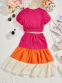 SHEIN Kids HYPEME Colorblock Puff Sleeve Crop Top & Ruffle Hem Skirt