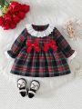 Baby Girls' Plaid Lace Trimmed Dress With Bow Decoration