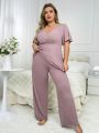 Plus Size Women's Lettuce Trim Short Sleeve Pajama Set