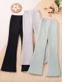 3pcs/Set Solid Color Ribbed Long Pants For Tween Girls