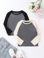 Young Girls' Contrast Color Raglan Long Sleeve T-Shirt