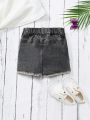 Little Girls' Y2k Street Sweet Cool Black Washed Elastic Waist Raw Edge Pleated Denim Skort