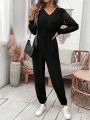 SHEIN Frenchy Women's Fashionable Black V-neck Long Sleeve Jumpsuit