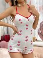 Butterfly Decorated Heart Patterned Sleepwear Cami Jumpsuit With Shorts