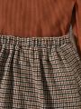 SHEIN Tween Girl Mock Neck Puff Sleeve Tee & Houndstooth Print Bow Front Asymmetrical Hem Skirt