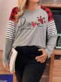 Women'S Plus Size Grid-Stripe Patchwork Raglan Sleeve Alphabet Print T-Shirt