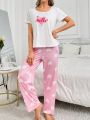 Women'S Letter Printed Short Sleeve T-Shirt And Heart Patterned Pants Pajama Set