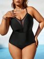 SHEIN Swim BAE Plus Size Women's Mesh Splice Cross Back One Piece Swimsuit