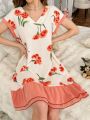 Women's Floral Print Colorblock Sleep Dress With Ruffle Hem