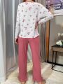 Women's Floral Print Pajama Set With Contrast Trim