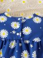 Baby Girl Daisy & Bow Decorated Romper With Footies