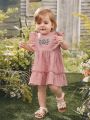SHEIN Baby Girl Cute Ruffle Hem Embroidered Dress With Crinkled Fabric
