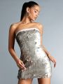 SHEIN BAE Women's Glitter Strapless Bodycon Dress