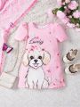 SHEIN Kids QTFun Toddler Girls' Round-Neck Animal Print A-Line Knit Comfortable Short Sleeve Dress