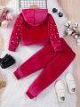 SHEIN Kids SUNSHNE Toddler Girls' Velvet Hooded Top With Pearl Detailing And Elastic Waist Long Pants Set, Long Sleeves