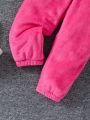 SHEIN Kids Y2Kool Girls' (toddler/little Kid) Contrast Color Letter Patch Fleece Jacket And Pants 2pcs Outfit