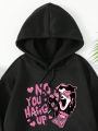 Letter & Cartoon Printed Drawstring Hooded Drop Shoulder Sweatshirt